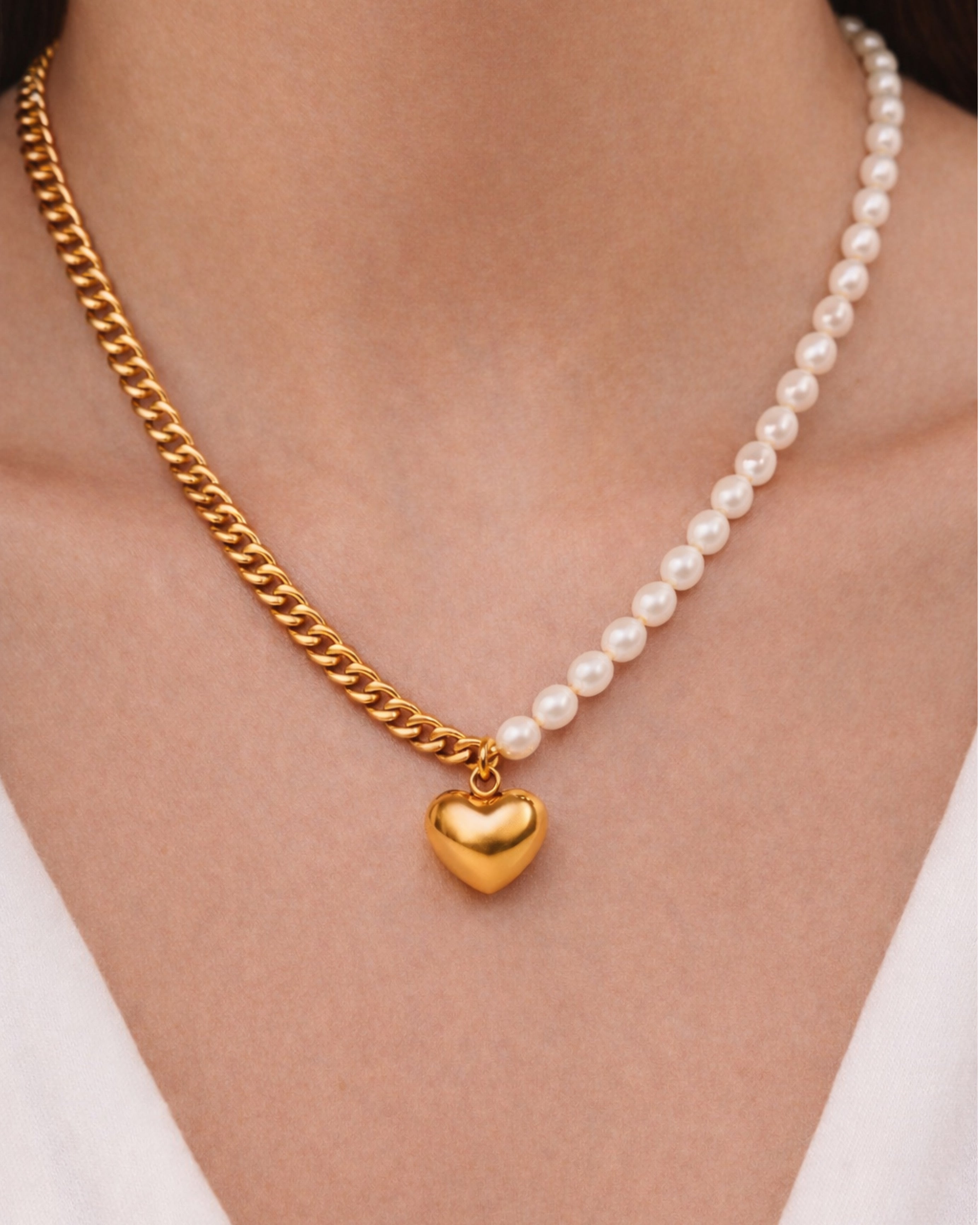Gold Half Pearl Chain Necklace
