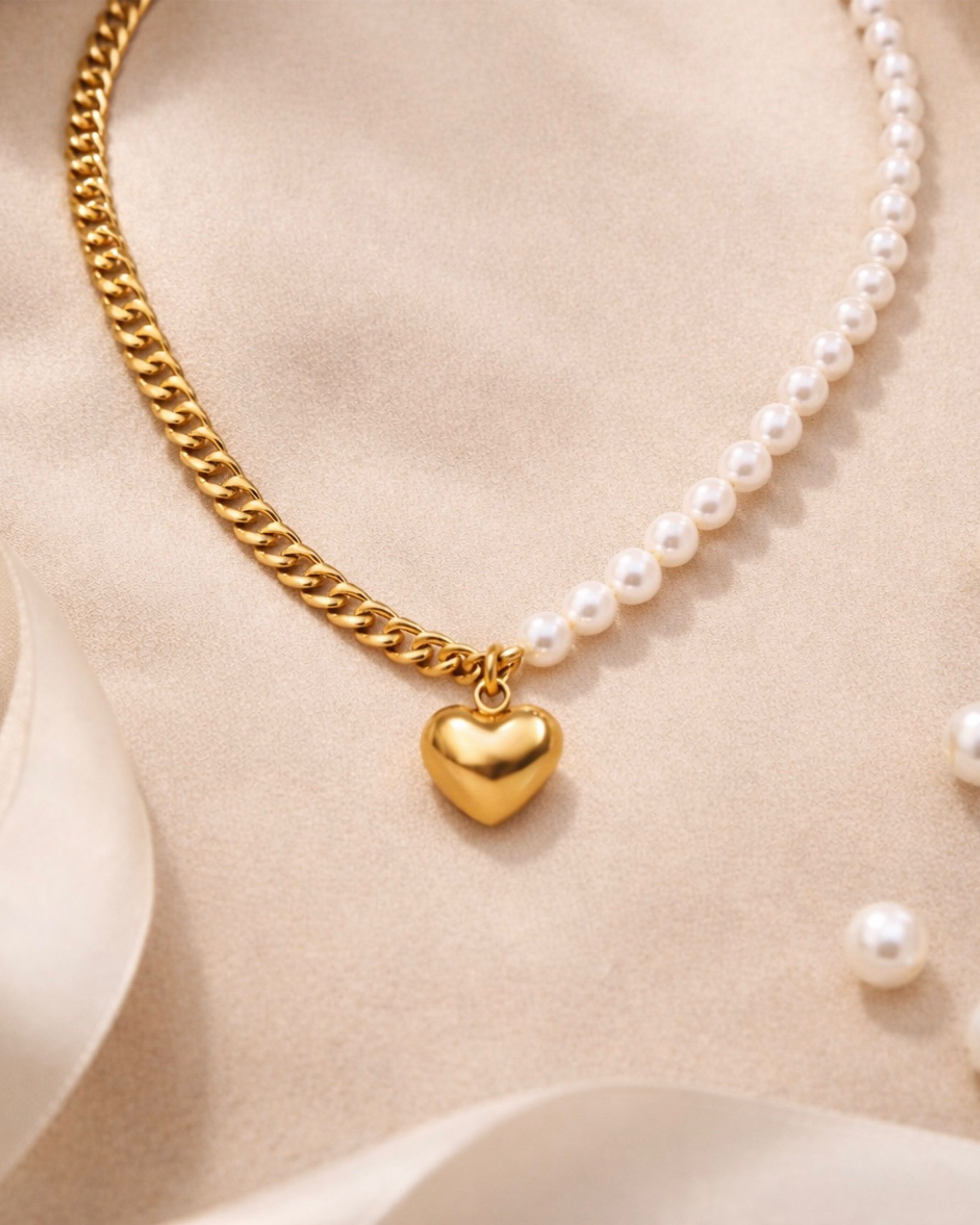 Gold Half Pearl Chain Necklace